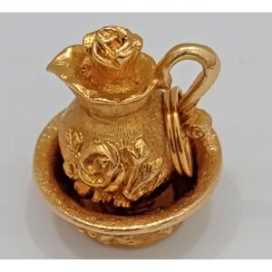 Vintage Avon Gold Tone Rose Pitcher in Basin Charm Miniature Jug Pendant Signed
